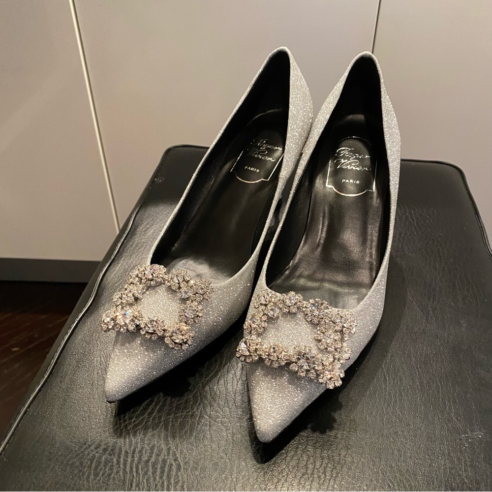 Roger Vivier Silver Crystal-Embellished Pointed-Toe Heels